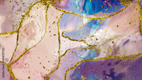 fancy abstract fluid art painting illustration with alcohol ink technique, red, purple and blue paint mix. Imitation of cut marble stone, accompanied by golden dots #5
