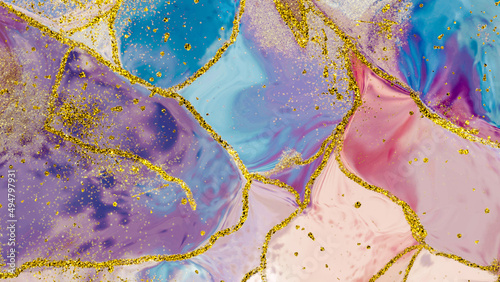 fancy abstract fluid art painting illustration with alcohol ink technique, red, purple and blue paint mix. Imitation of cut marble stone, accompanied by golden dots #1