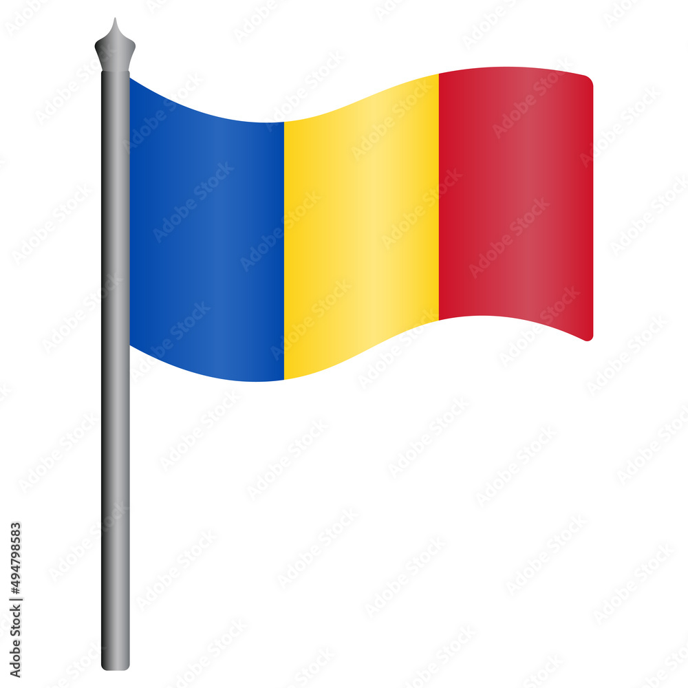 Obraz premium Flag of Romania. Color vector illustration. The fabric is decorated with three vertical stripes. The national symbol of the state develops in the wind. Flat style. Isolated background. Political theme