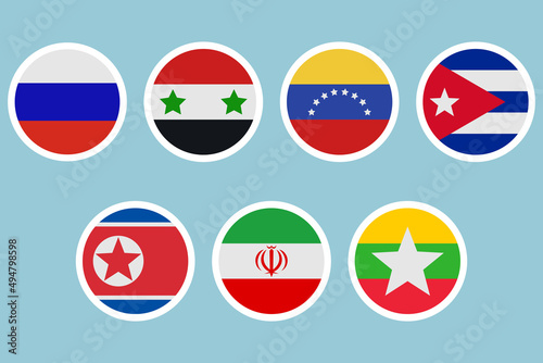 Flags of different countries. A set of stickers on a white backing. Collection of vector icons. Isolated background. Russia, Syria, Venezuela, Cuba, North Korea, Iran, Myanmar. National symbol