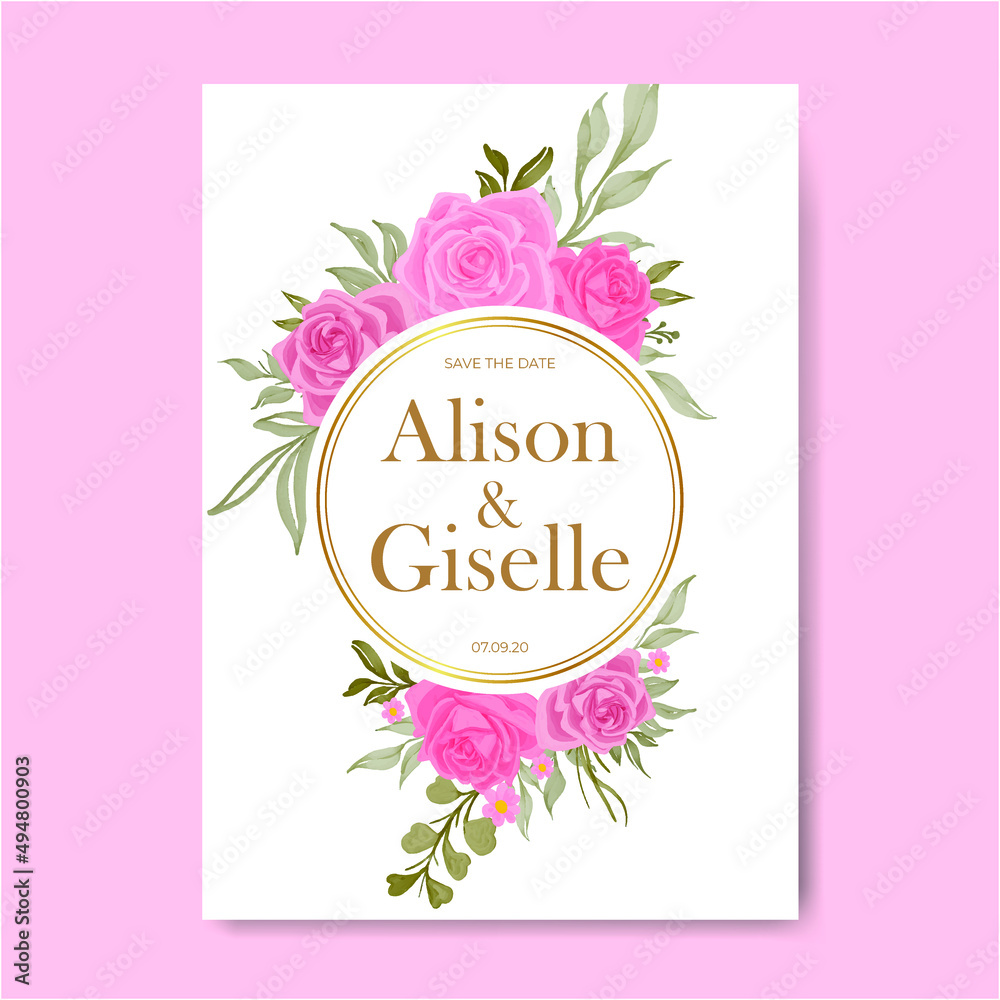 beautiful pink rose flower warecolor wedding invitation card template