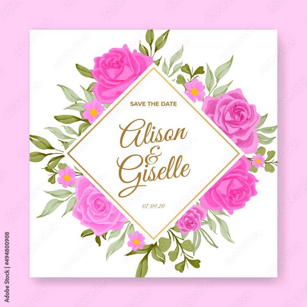 beautiful pink rose flower warecolor wedding invitation card template