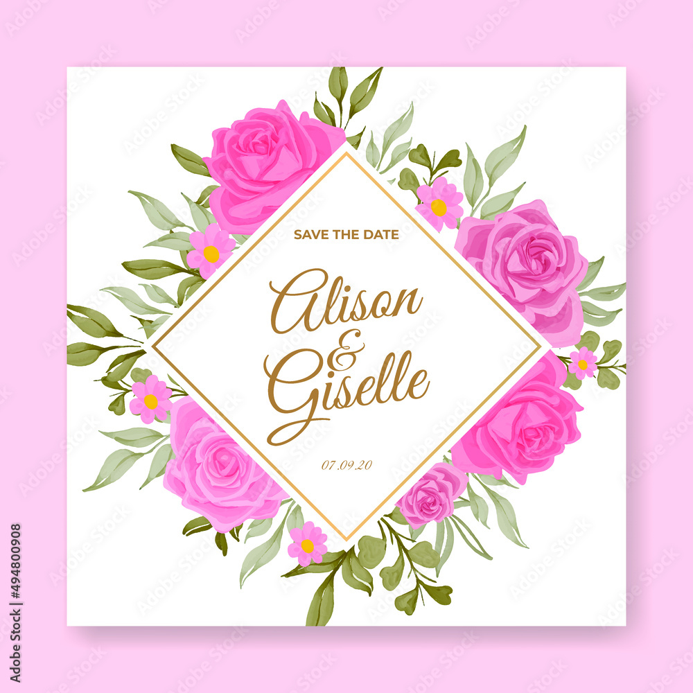 Obraz premium beautiful pink rose flower warecolor wedding invitation card template