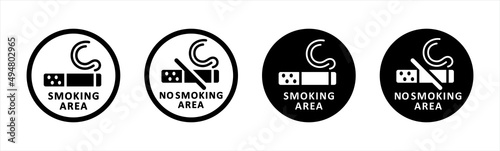No smoking icon sign. Cigarette smoke forbidden, no smoking area warning sign. Smoking area sign symbol, vector illustration