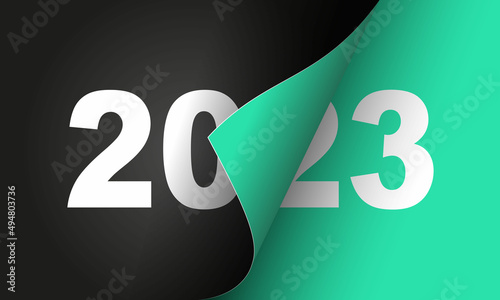 Happy New Year 2023 winter holiday greeting card design template. End of 2022 and beginning of 2023. The concept of the beginning of the New Year. The calendar page turns over and the new year begins.