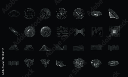 Abstract wireframe 80s style. Retro futuristic grid illustration. Technology design graphic element. Pack of cyberpunk design style in vector.