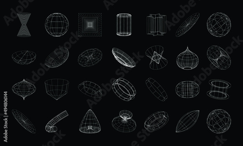 Abstract wireframe 80s style. Retro futuristic grid illustration. Technology design graphic element. Pack of cyberpunk design style in vector.