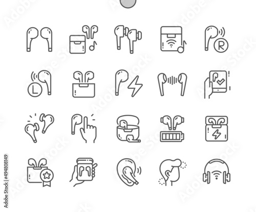 Wireless earbuds. Phone pairing. Headphone. Listen sound. Pixel Perfect Vector Thin Line Icons. Simple Minimal Pictogram