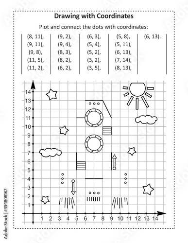 Coordinate graphing, or drawing by coordinates, math worksheet with spaceship or rocket: Reveal the mystery picture by plotting and connecting the dots with given coordinates.
