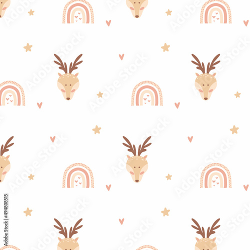 Childish seamless pattern with cute deer head and rainbow. Kid's boho style. Hand-drawn pattern with deer. Vetor illustration.