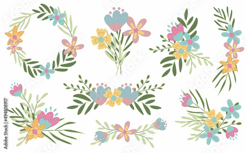 beautiful spring hand drawn flowers and leaves arrangement