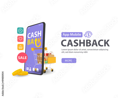 Cash back Sale, money refund icon concept. trolley and coin stack, online payment on mobile