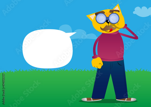 Funny cartoon cat looking through binoculars. Vector illustration. Cute orange, yellow haired young kitten.