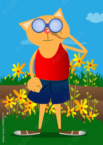 Funny cartoon cat looking through binoculars. Vector illustration. Cute orange, yellow haired young kitten.