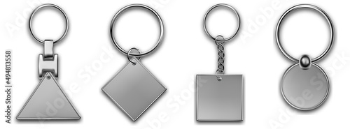 Keychains set different shapes keyring holders with isolated on white background. Silver colored accessories or souvenir pendants mockup.Realistic keychain template set.