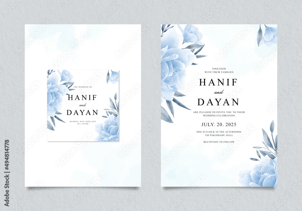 Beautiful wedding invitation with blue floral watercolor