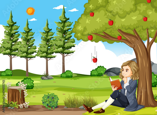Isaac Newton sitting under apple tree