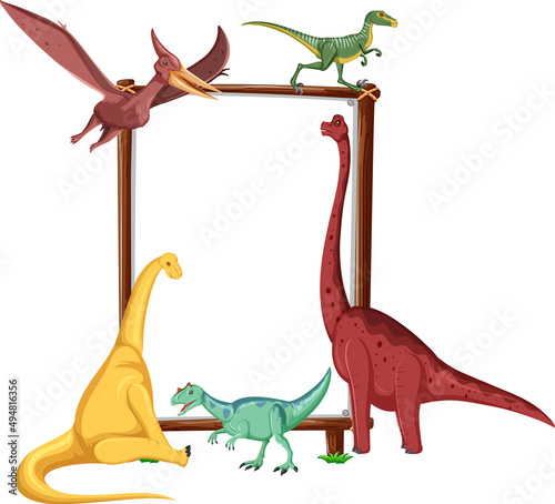 Group of dinosaurs around board on white background