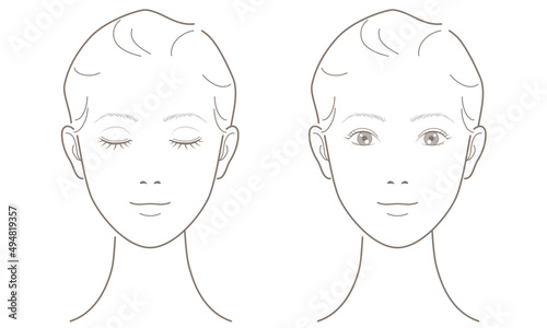 Young woman's face in line drawing. Eyes open and closed. For explanation of beauty, fashion, makeup, skincare. Vector illustration isolated on white background.