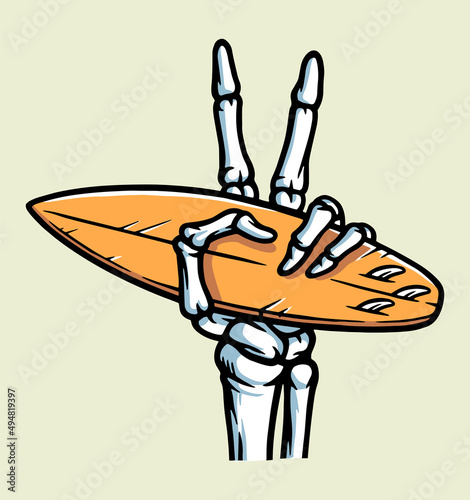 Photography peaceful hand skeleton and surfboard illustration