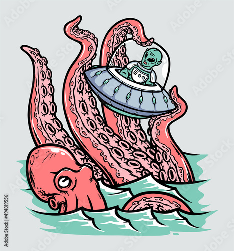 octopus attacks ufo crossing the sea illustration
