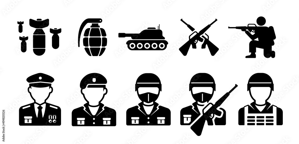 War ( soldiers, weapons ) vector icon illustration set