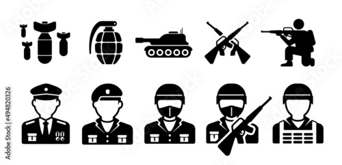 Leinwand Poster War ( soldiers, weapons ) vector icon illustration set