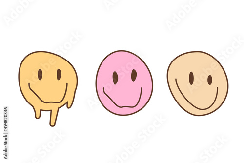 Set of crazy melting and dripping smile faces outline color icons. Drug trip psychedelic hippie culture inspired characters. Groovy emoji in vintage color palette. Positive facial expressions. Vector