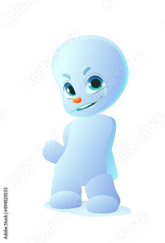 Little snowman satisfied. Cartoon person stands and smiles. Fun style. Child kid. Isolated on white background. Vector