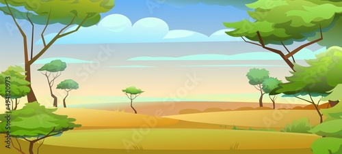 Landscape Africa. Far view. Scene with sand and plants. Savannah in desert. African acacia trees. Vector