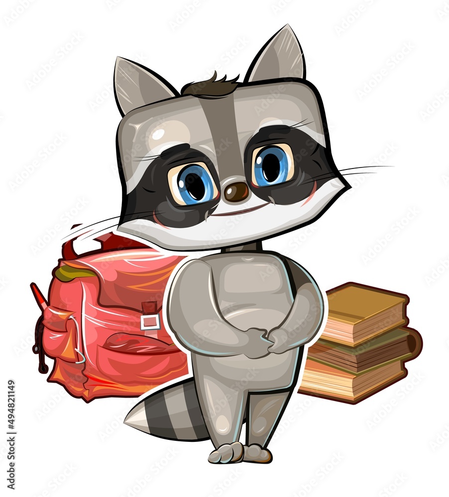 Little Raccoon wants to go to school. Backpack and books. A cute baby animal dreams of learning. Picture in cartoon style. Isolated over white background. Vector Little Raccoon wants to go to school. Backpack and books. A cute baby animal dreams of learning. Picture in cartoon style. Isolated over white background. Vector