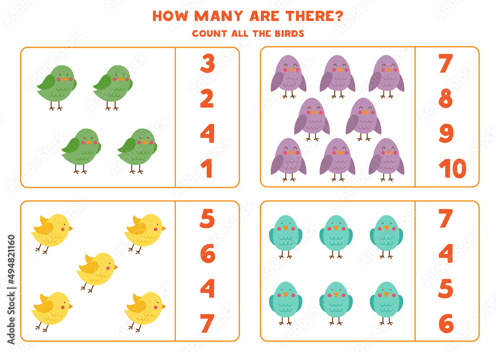 Counting game with cute birds. Educational worksheet.