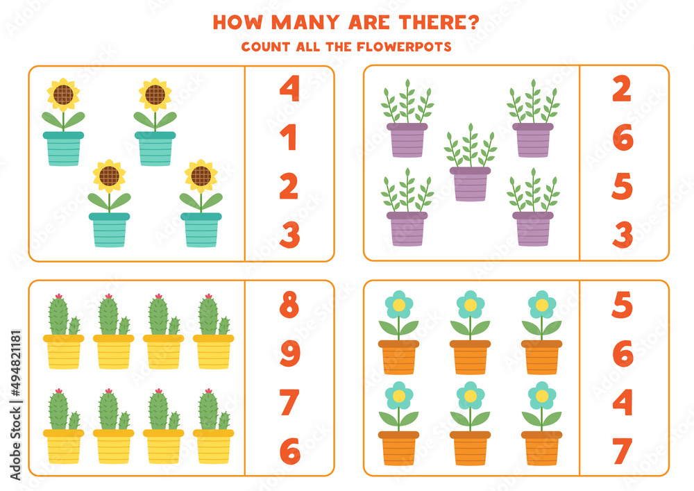 Counting game with cartoon flowerpots. Educational worksheet.