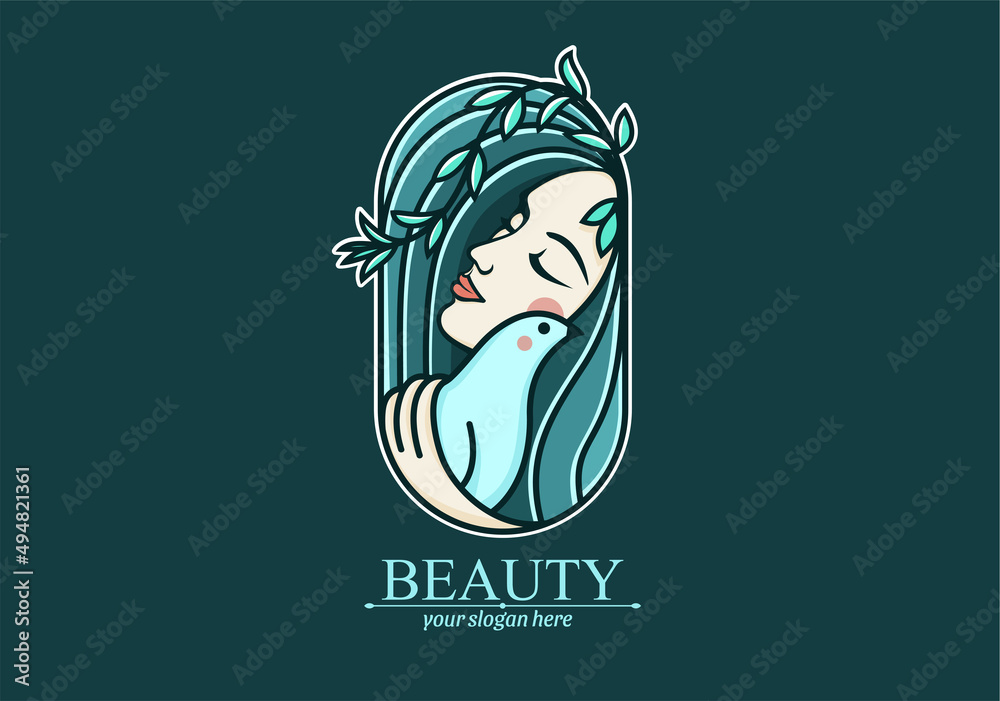 Logo woman with a bird. The girl gently hugs the bird. Vector template. Abstract design concept for many lines of business.