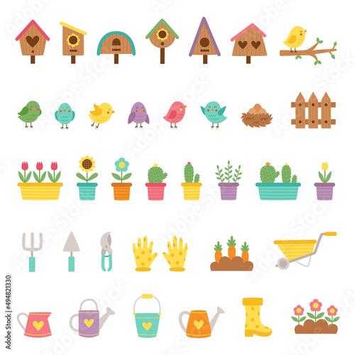Cute cartoon spring elements on white background.