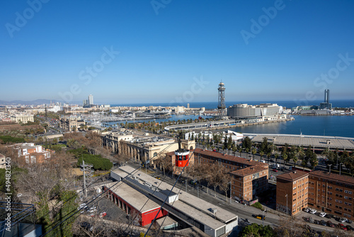 View of Barcelona with the cable car to Montjuic mountain