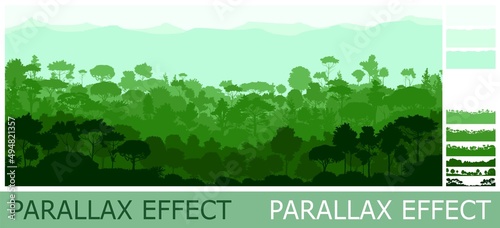 Dense jungle forest on the hills. Silhouettes of tall trees. Horizontally composition illustration. Solid layers for image folding with parallax effect. Vector