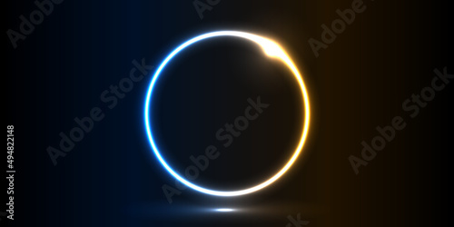 Vector abstract circle neon light line round frame colorful blue yellow isolated on black background. Technology modern concept.