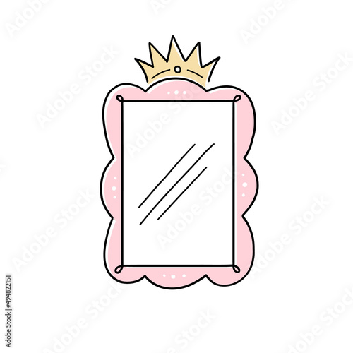 Princess crown mirror frame. Hand drawn doodle mirror with crown for baby princess decorate border. Vector illustration.