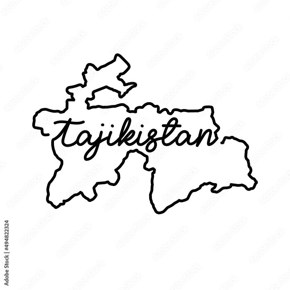 Tajikistan outline map with the handwritten country name. Continuous line drawing of patriotic home sign. A love for a small homeland. T-shirt print idea. Vector illustration. Tajikistan outline map with the handwritten country name. Continuous line drawing of patriotic home sign. A love for a small homeland. T-shirt print idea. Vector illustration.