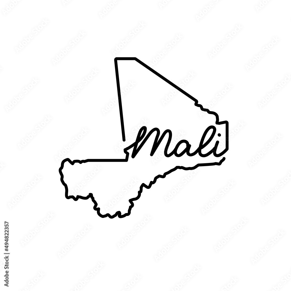 Mali outline map with the handwritten country name. Continuous line ...