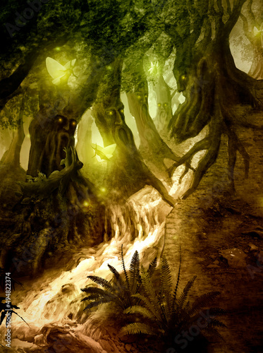 Fantasy green landscape with mountain small waterfall, magical plants, animals and fairies. An ancient, dense forest with living trees and fabulous creatures, with a little river and ferns, 2d art.
