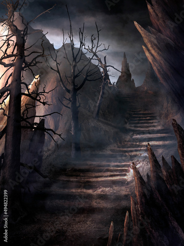 Gloomy, creepy fantasy landscape with sharp rocks and dead dry trees. Scary, mysterious wasteland with an ascending stairs in the mountains with a dark sky and thick clouds, horror illustration.