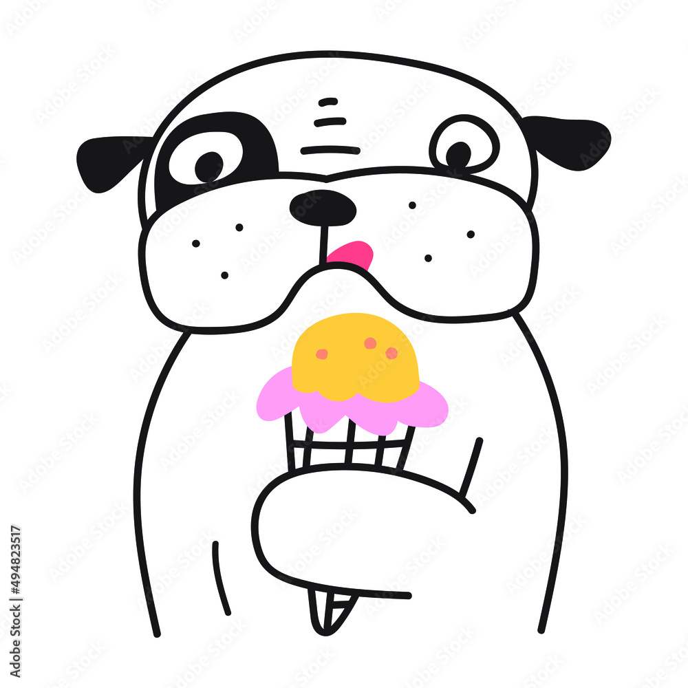 Bulldog with ice cream. Outline icon vector illustration. Bulldog with ice cream. Outline icon vector illustration.