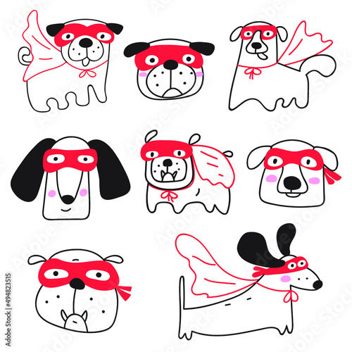 Set of funny dogs wearing super hero costumes. Outline vector illustration on white background. 