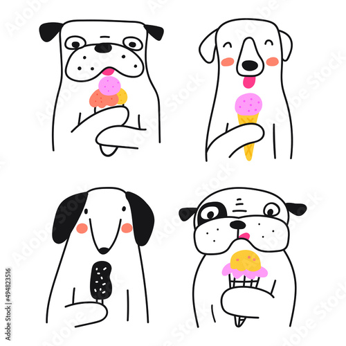 Collection of dogs with ice creams. Outline icons. Hand drawn vector illustrations.