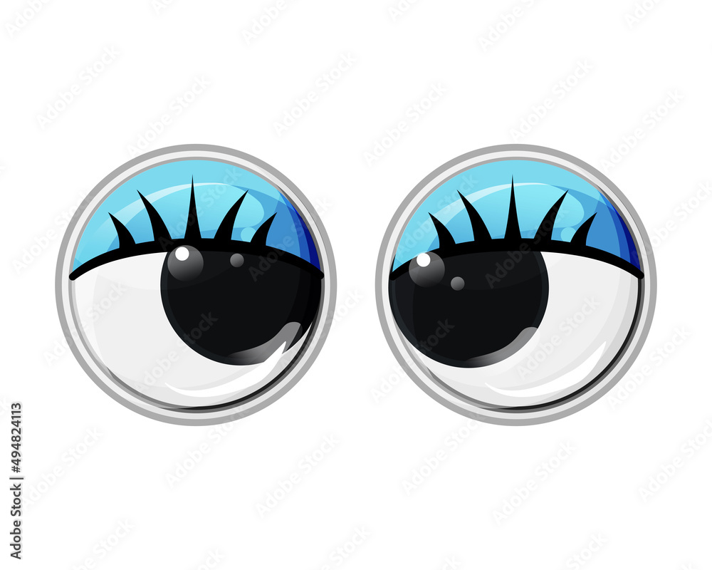 Toy plastic eyes with eyelashes and blue eyelids. Oblique eyes. Vector cartoon illustration on a white isolated background. Toy plastic eyes with eyelashes and blue eyelids. Oblique eyes. Vector cartoon illustration on a white isolated background.
