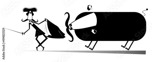 Cartoon bullfighter and a bull isolated illustration. Cartoon long mustache bullfighter holds a sword, matador cape and angry bull black on white illustration