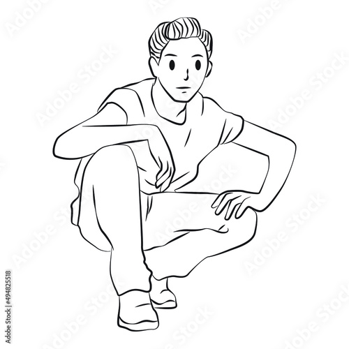 Young teenager man squat pose line art vector cartoon illustration