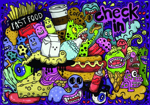 Food and beverages Hand drawn Graffiti Hip-hop style seamless doodle art Vivid color For textiles, children's clothing, background, wallpaper, publications, skateboard